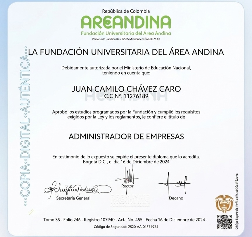 Diploma Juan Camilo Chávez Caro